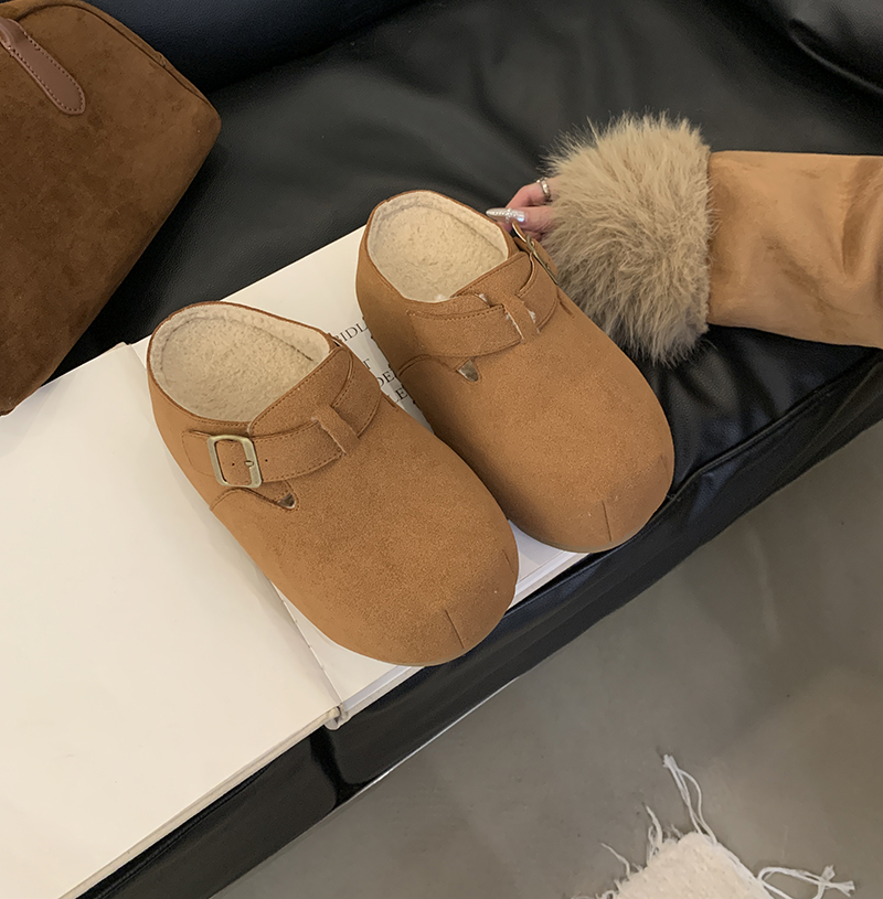 2025 Autumn Winter Wool Buckle Slippers Thick Sole Height Increasing Slip On Lazy Shoes Closed Toe Half Height Increasing Slippers with Buckle