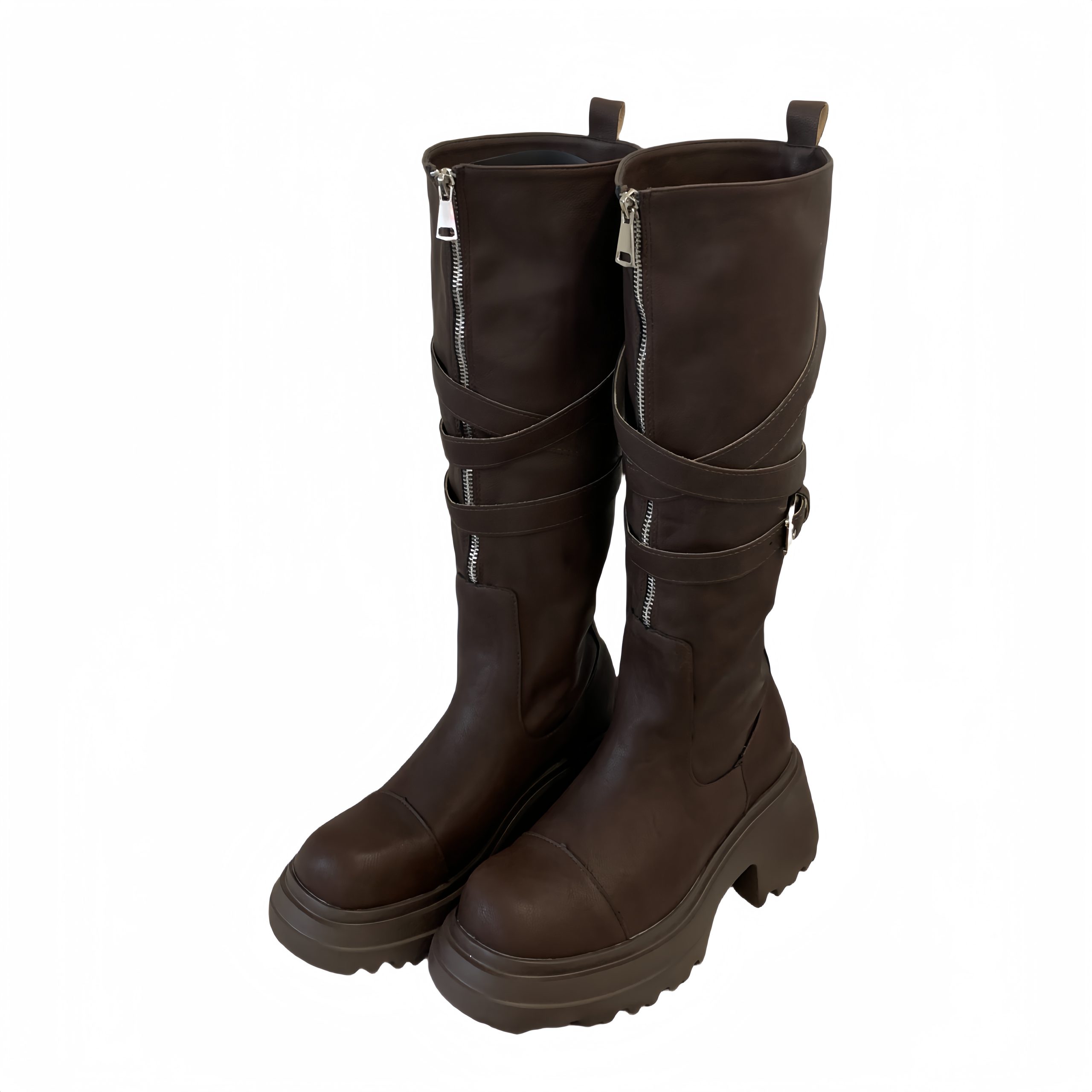 1753853284706_HuB67m.jpg Genuine Leather Two-Way Lace-Up Motorcycle Boots Women 2025 Autumn Winter New Round Toe Thick Sole Fashion Boots Belt Buckle High Top Trendy