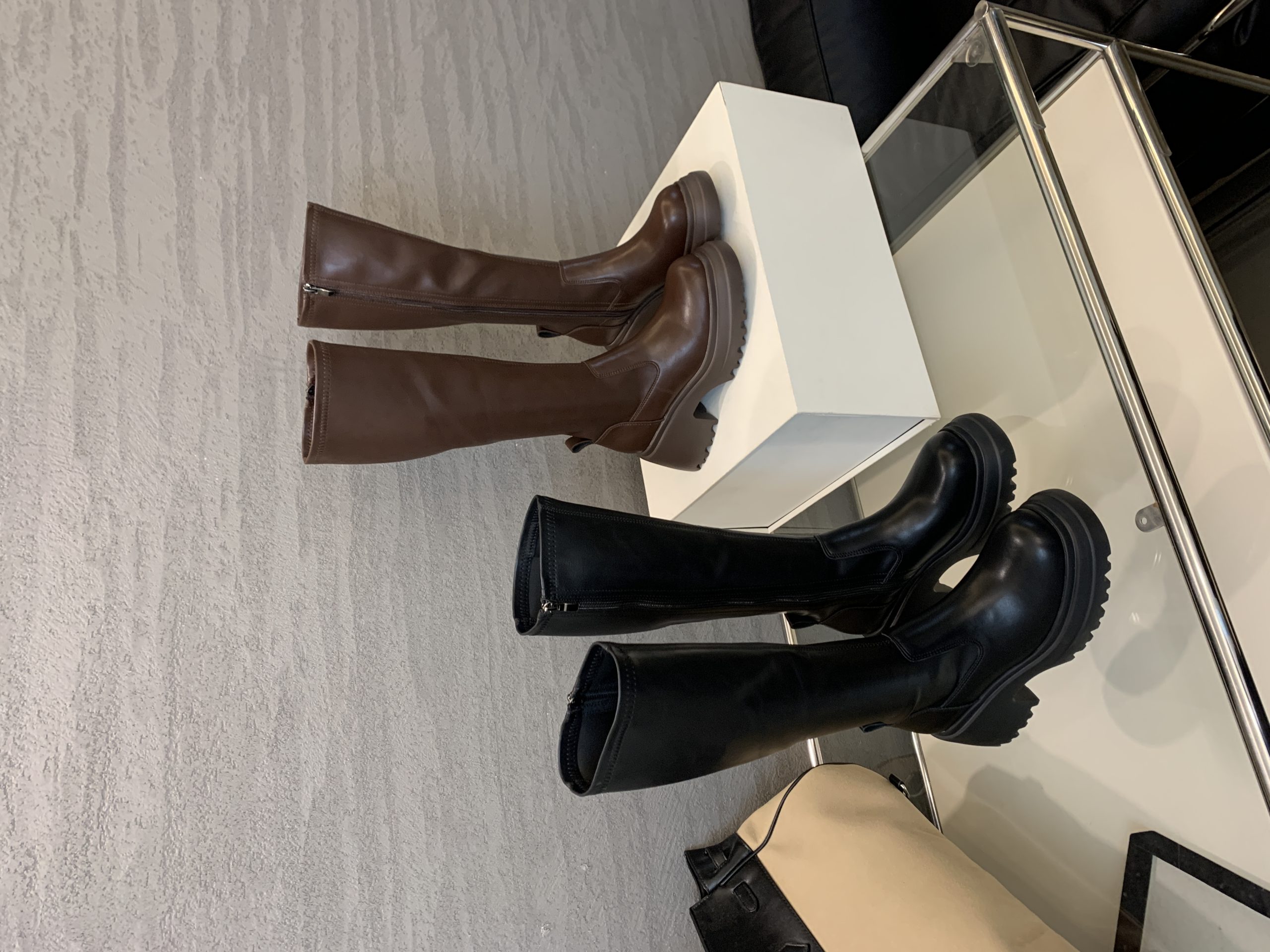 2025 New High Heel Knee High Boots Round Toe Zipper Thick Sole Patent Leather Boots