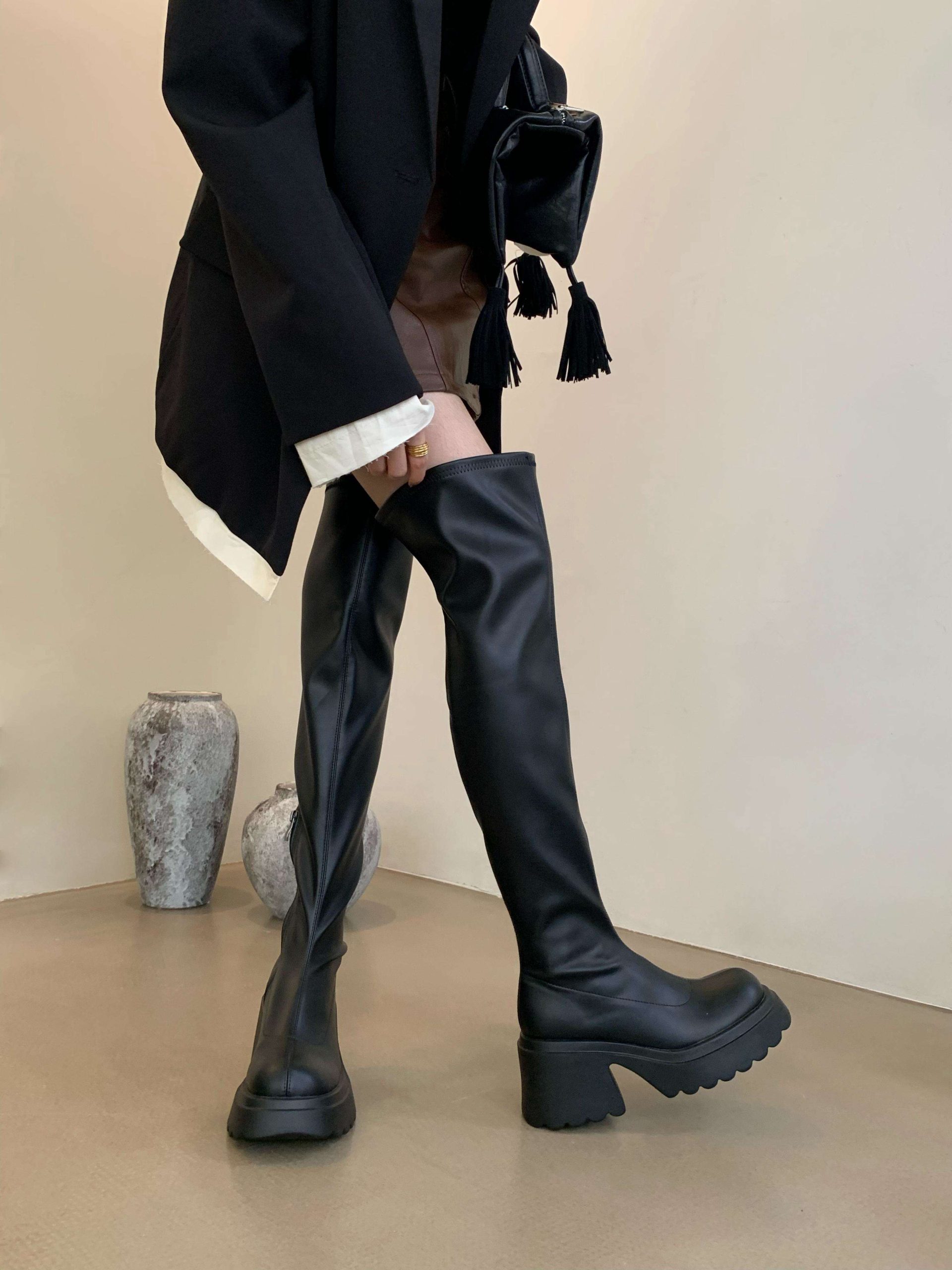2025 New Women's Platform Over Knee Boots with Hidden Heel Increase, Chunky Sole, Waterproof Platform, Slim Fit Riding Boots