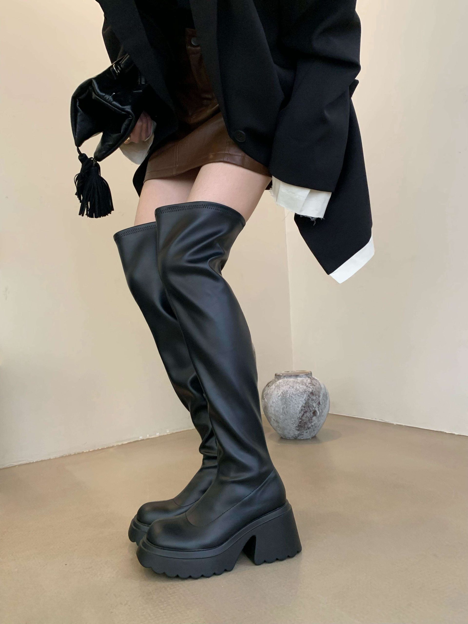 2025 New Women's Platform Over Knee Boots with Hidden Heel Increase, Chunky Sole, Waterproof Platform, Slim Fit Riding Boots