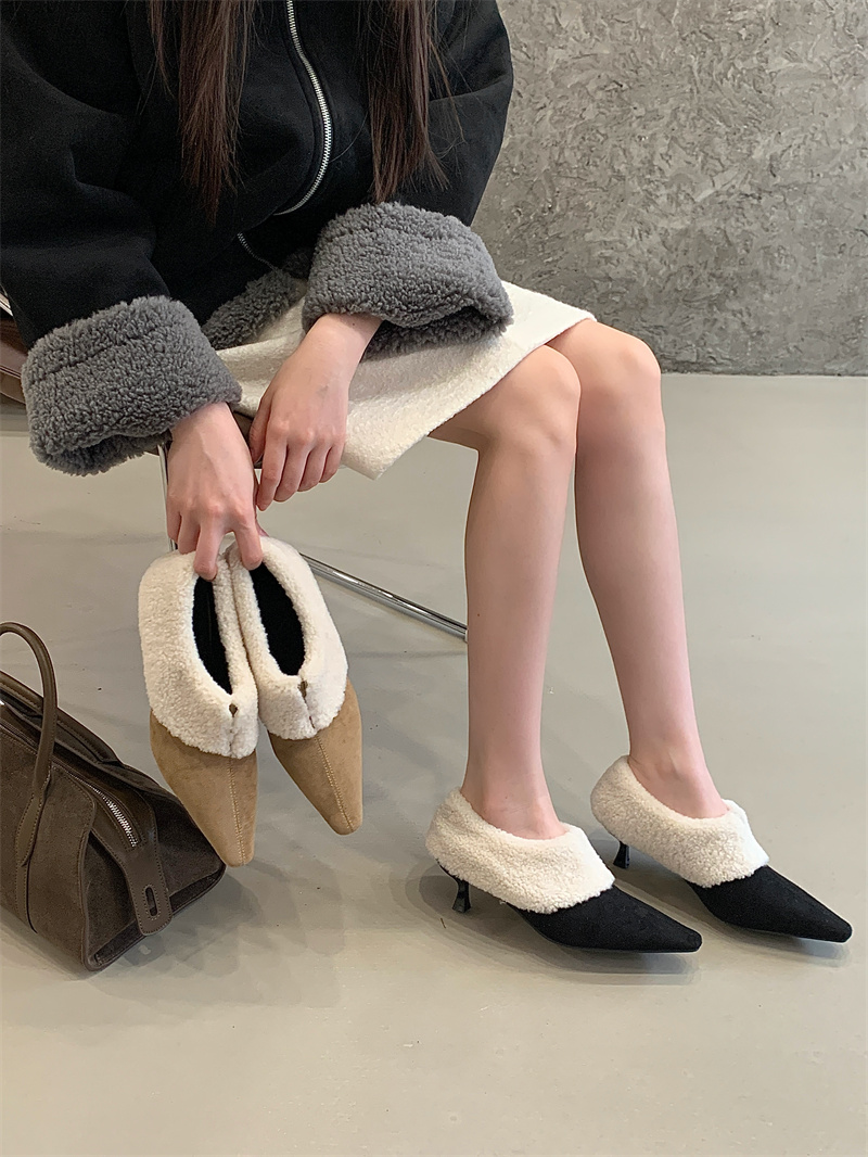 2025 New Style Square Toe Kitten Heel Furry Slip-On Shoes for Women 35-40
