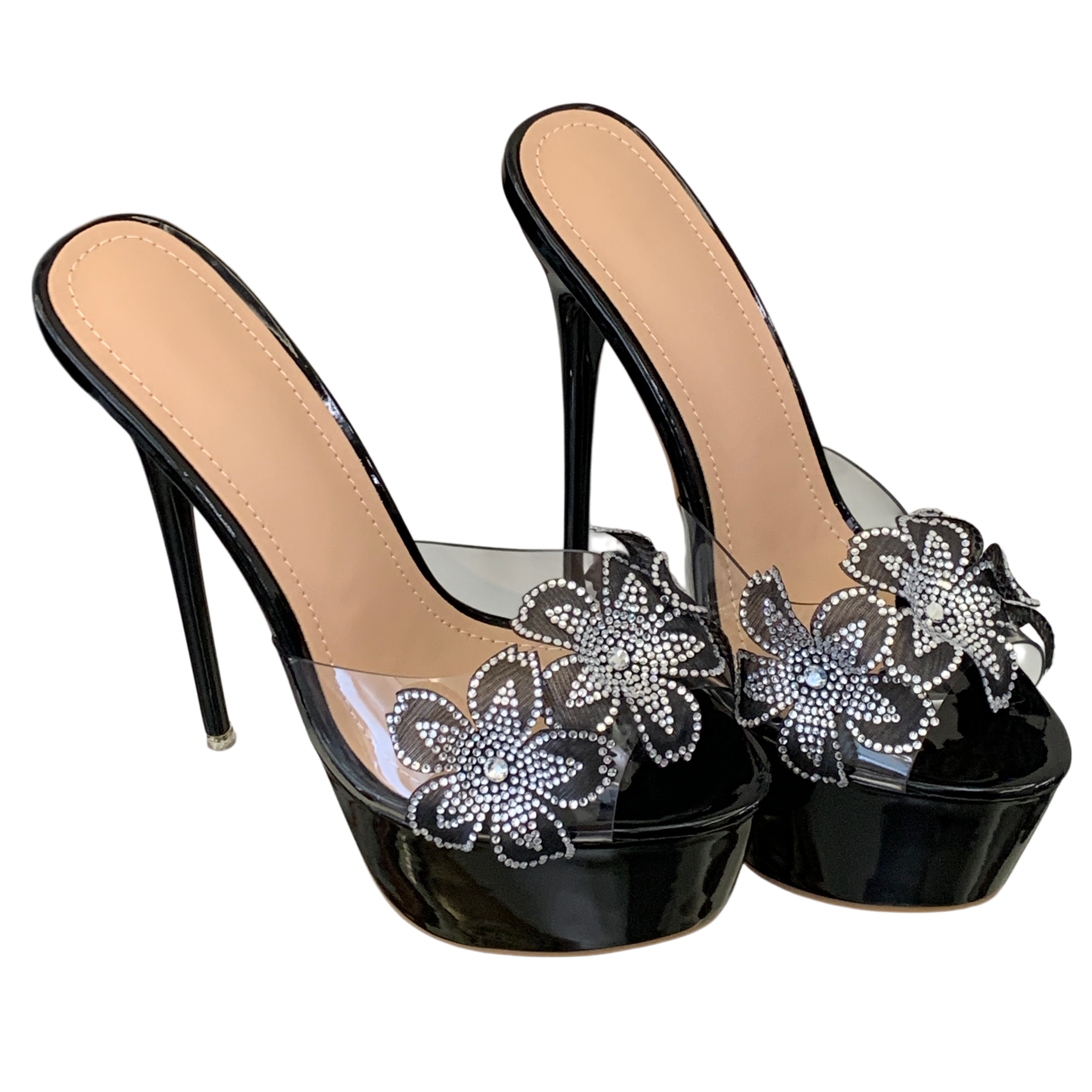 Crystal Flower Transparent High Heel Sandals for Women 16cm Platform Chunky Heel Open Toe Nightclub Catwalk Shoes