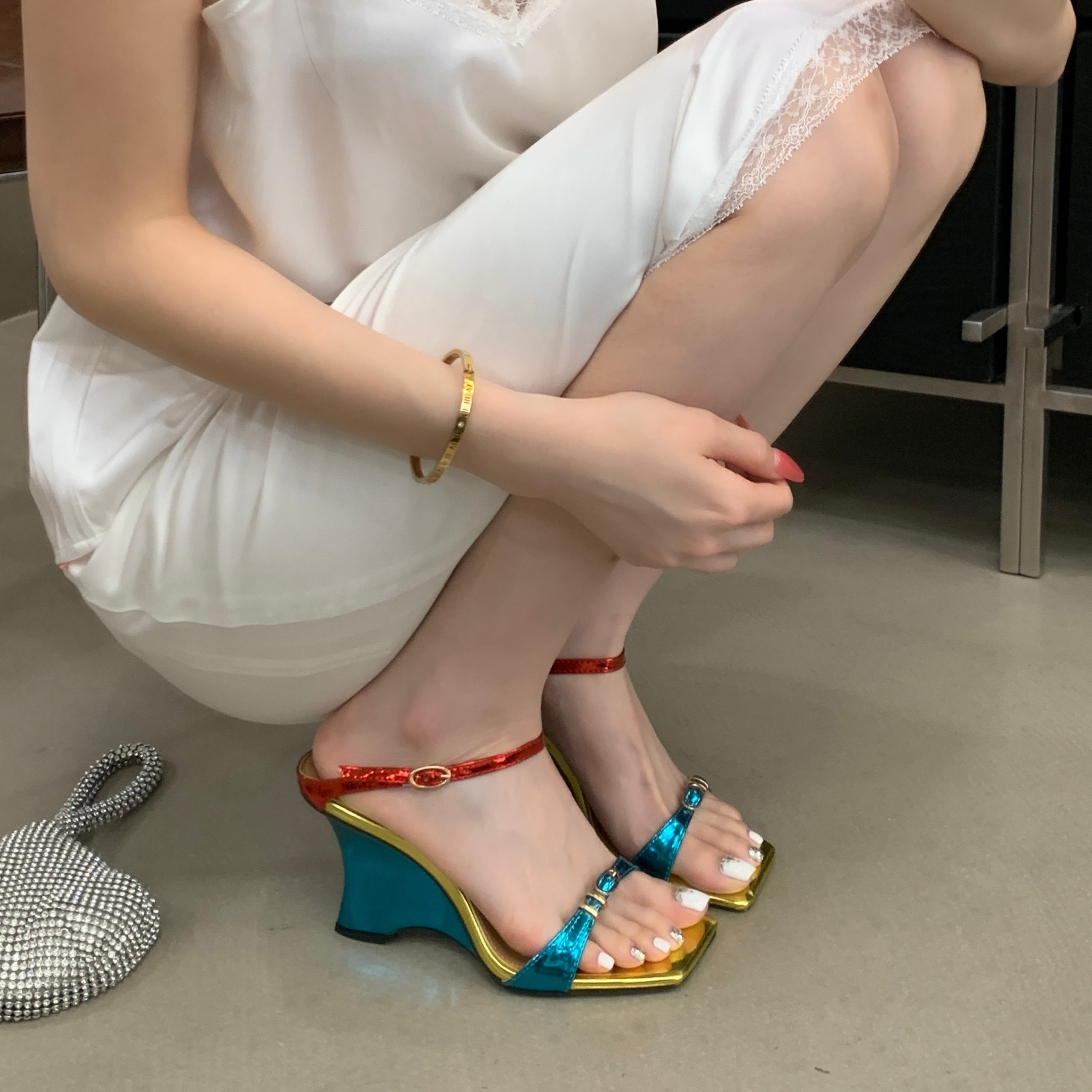 1779783891618_N0IAUV.jpg Step on the Rainbow! Gradient Metallic Wedge Heel Color-Block Heeled Sandals for Women Size 40