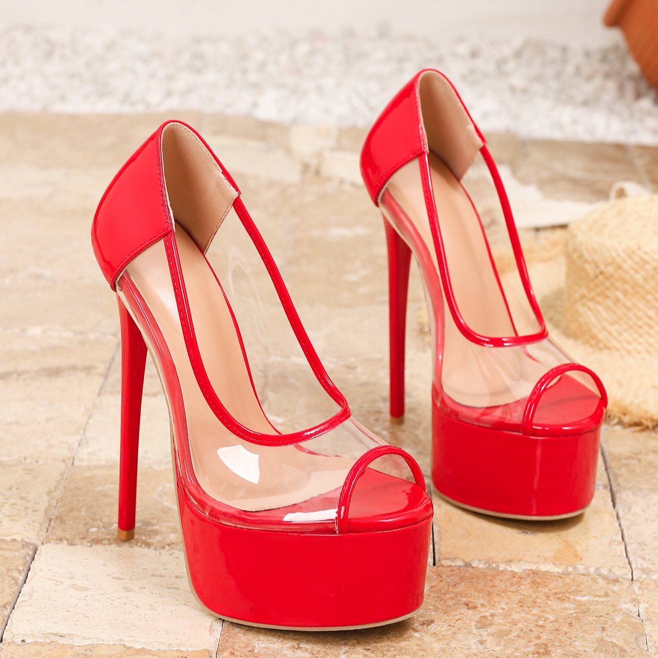 Women's High Heel Fashion Shoes Pointed Toe Glass Glue 16cm Sexy Ultra High Heel Red Wedding Shoes 42